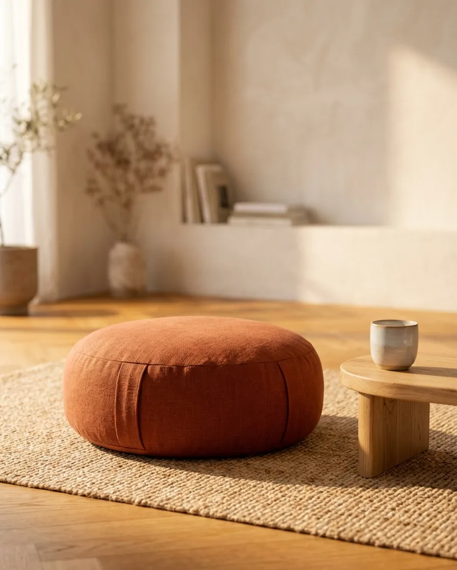 Coussin de méditation et tasse posés au sol dans la lumière du matin